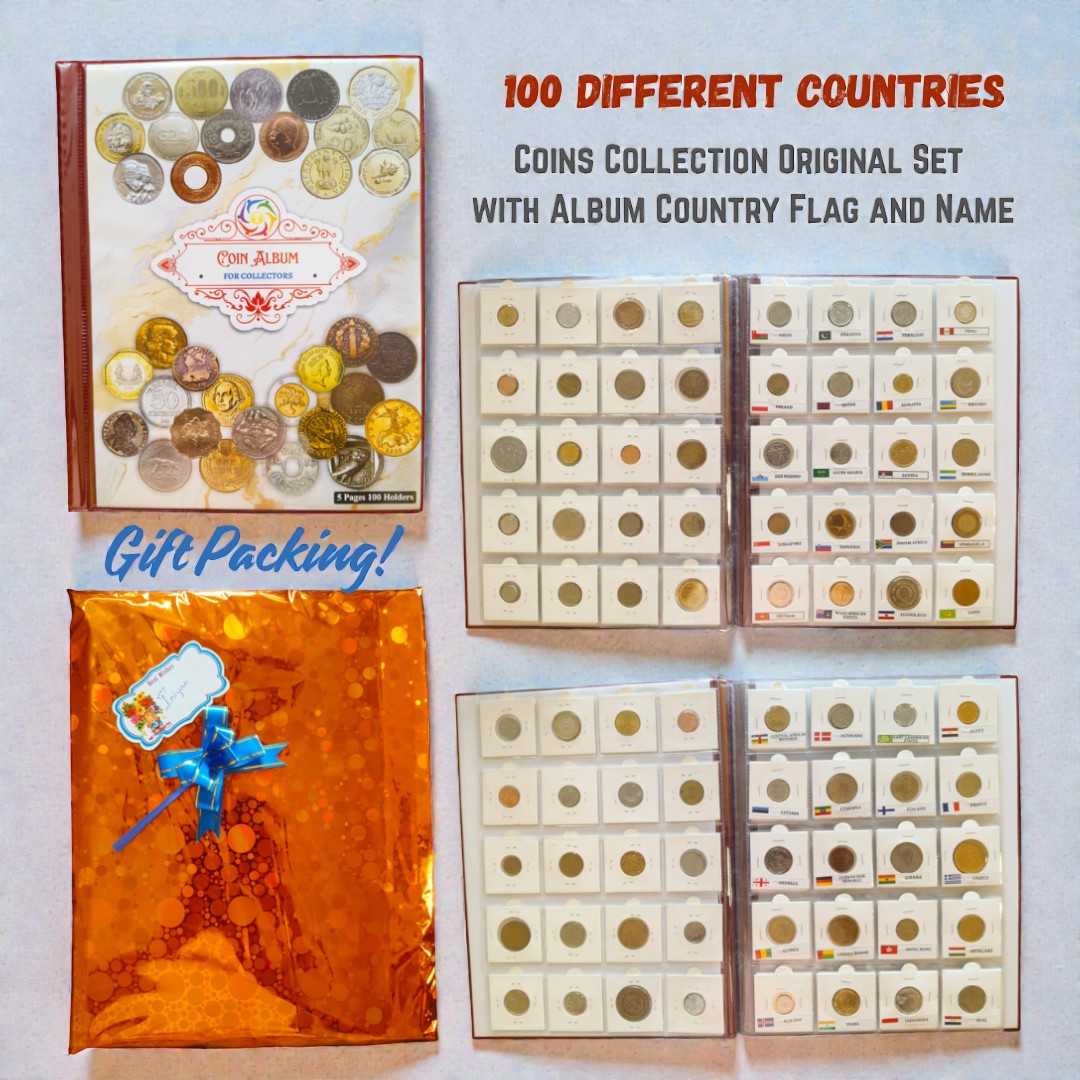 100 Different Countries Coins Collection Original Set with Album Country Flag and Name