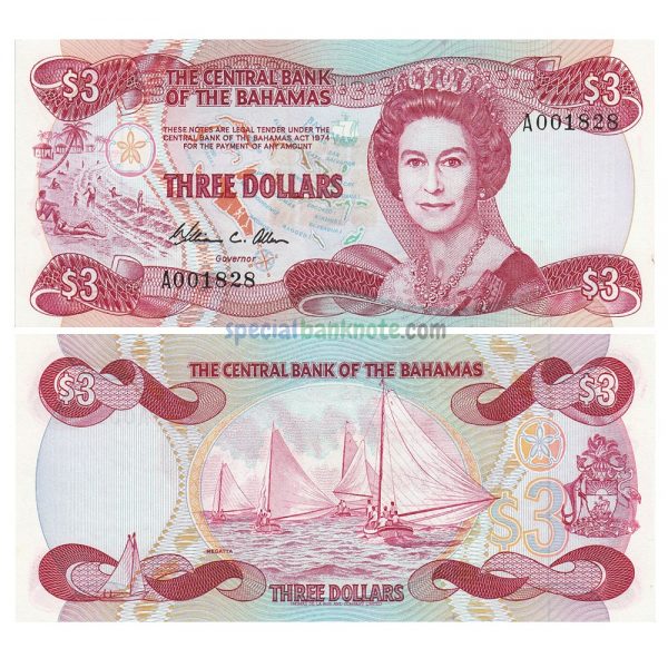 Bahamas 3 Dollar Banknote, 1984, P-44a, UNC, Elizabeth II (1952-2022)