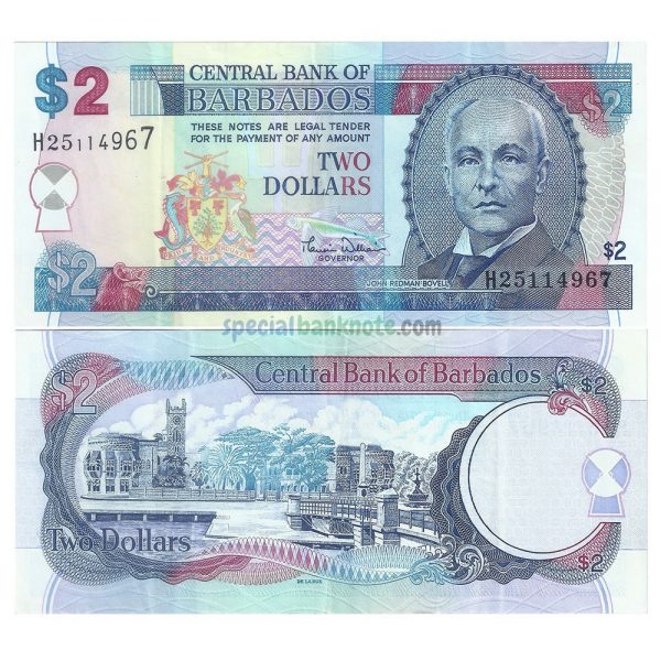 Barbados 2 Dollars Banknote, 2007-2012, AUNC