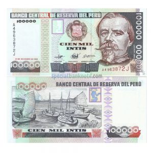Peru 100000 Intis Banknote, 1989, P-145, UNC