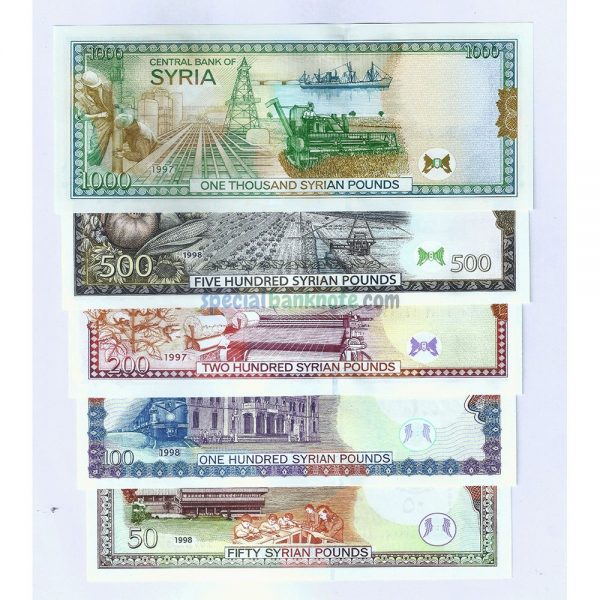 Syria 50-100-200-500-1000 Pound 5 Pcs Banknote Set, 1997-1998, UNC - Image 2