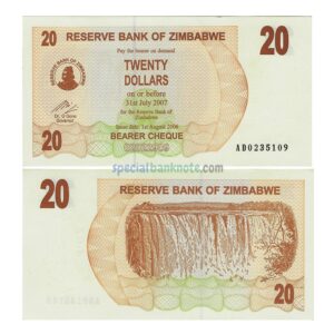 Zimbabwe 20 Dollars Bearer Cheque Banknote, 2006, UNC