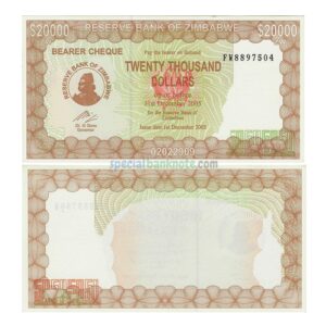 Zimbabwe 20000 Dollars Emergency Bearer Cheque Banknote, 2003, UNC