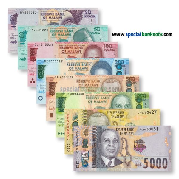 Malawi 20-50-100-200-500-1000-2000-5000 Kwacha 8 Pieces Banknote Set, 2014-2024, UNC