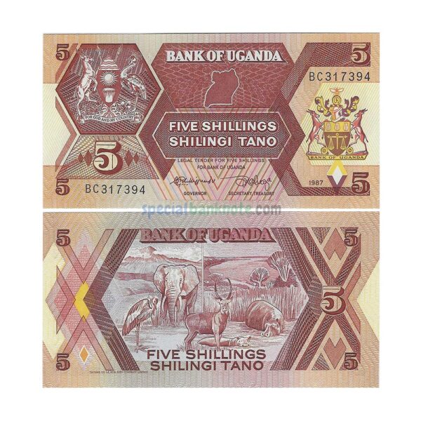 Uganda 5 Shillings Banknote, 1987, P-27, UNC