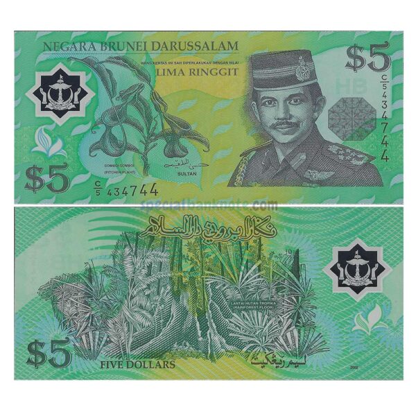 Brunei 5 Ringgit Polymer Banknote, 2002, P-23b, UNC