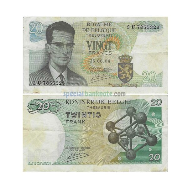 Belgium 20 Francs Used Banknote, 1964, P-138a3, VF