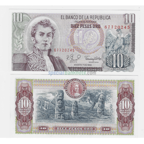 Colombia 10 Peso Oro Banknote,1980, P-407g2, UNC