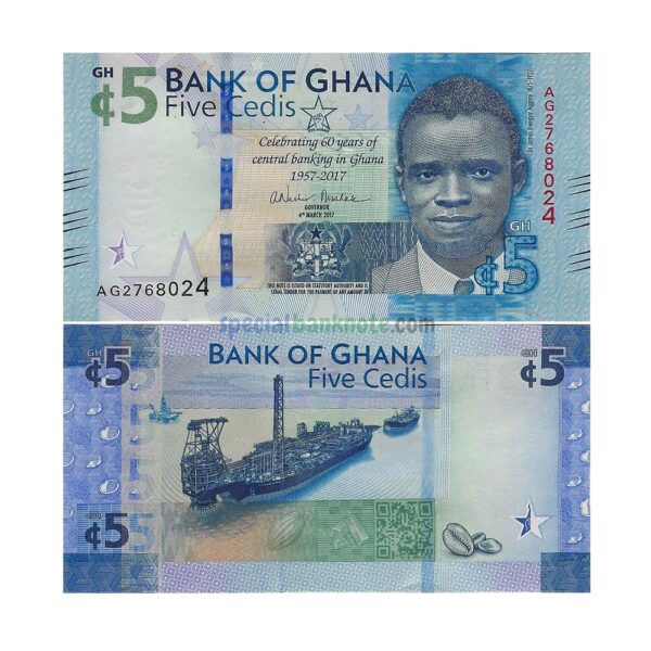Ghana 5 Cedi 60 Years Central Banking in Ghana Commemorative Banknote, 2017, P-43a, UNC
