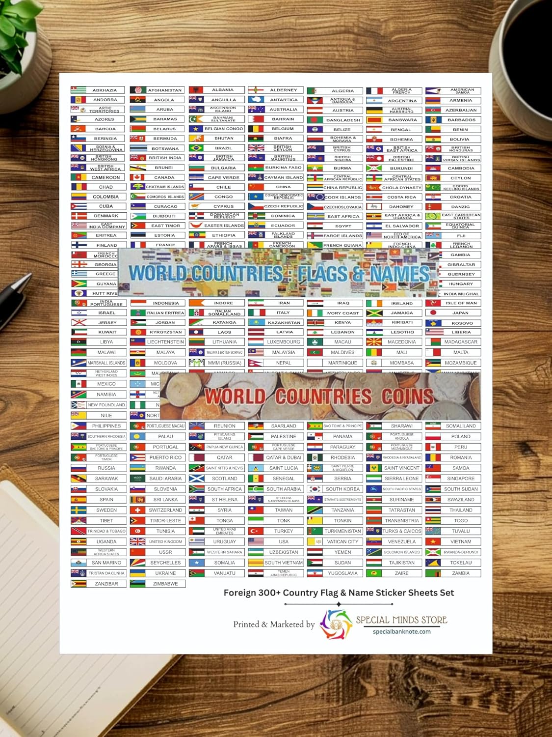 Special Minds Store® Foreign 300+ Country Flag & Name Sticker Sheets Set, Multicolor Sticker Sheets Set