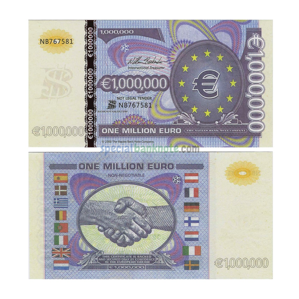 European Union 1 Million Euros The Naples Bank Note Company Banknote with UV Effect, Private Issue Notes Rare Collection, UNC (Fantasy issues)
