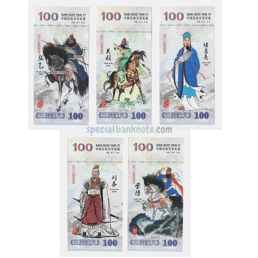 Romance of the Three Kingdoms Fantasy Banknote Set – Zhang Fei, Guan Yu, Zhuge Liang, Liu Bei & Cao Cao | UNC Collectible Fantasy Notes 5 Pcs Set, UNC