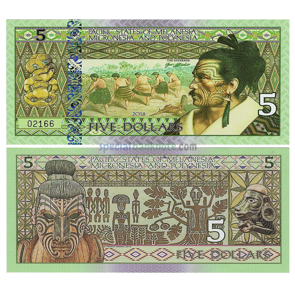 Pacific States of Melanesia Micronesia and Polynesia 5 Dollars Private Issue Polymer Banknote, 2018, UNC
