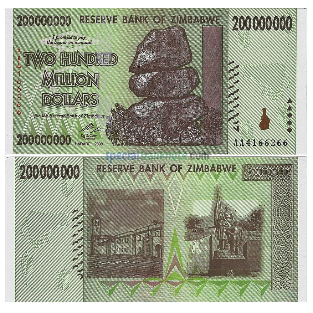 Zimbabwe 200 000 000 Dollars Banknote, 2008, UNC